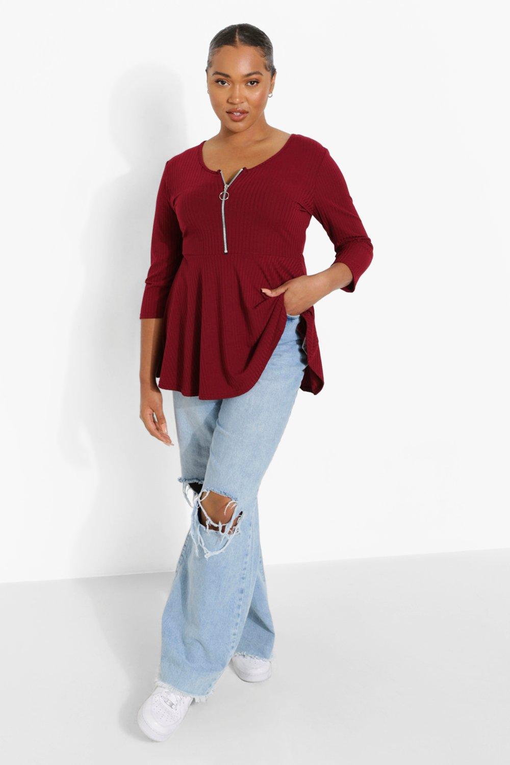 Plus Zip Front Rib Peplum Top