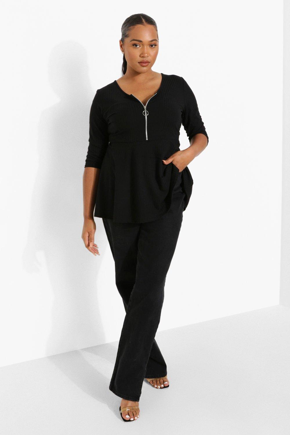 Plus Zip Front Rib Peplum Top