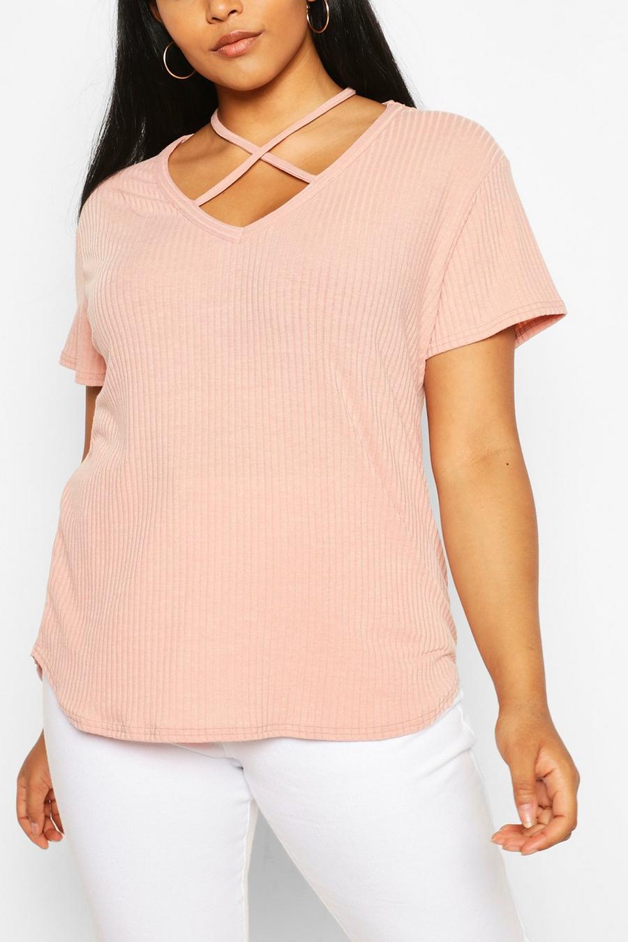 Blush Plus Cross Front Strap Ribbed T-Shirt image number 1