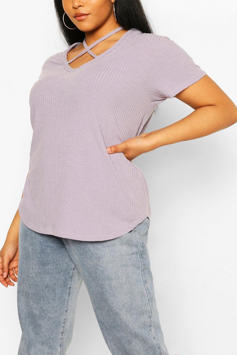 Grey Plus Cross Front Strap Ribbed T-Shirt image number 1