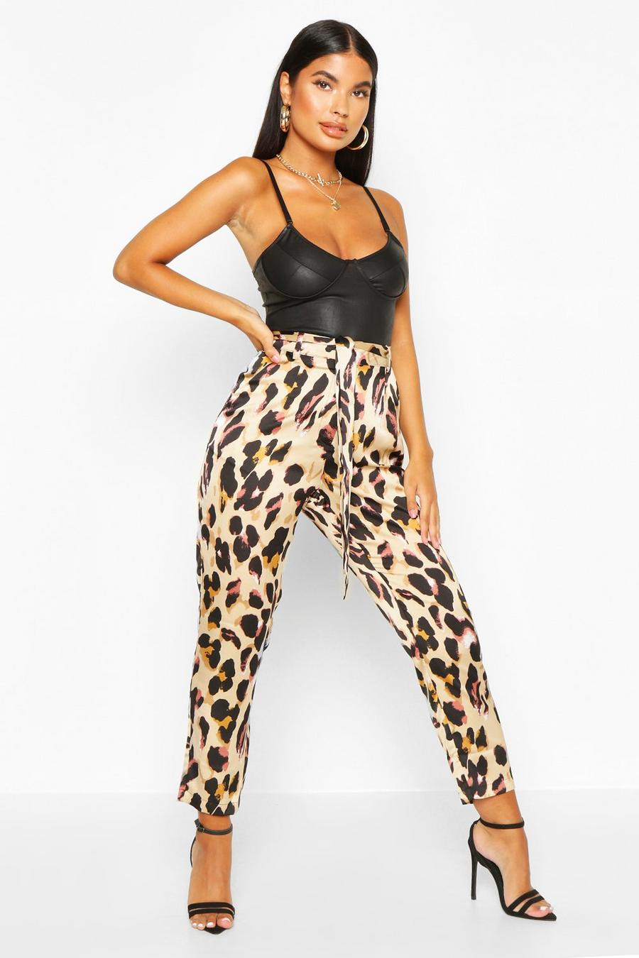 Petite Woven Satin Leopard Print Belted Pants image number 1