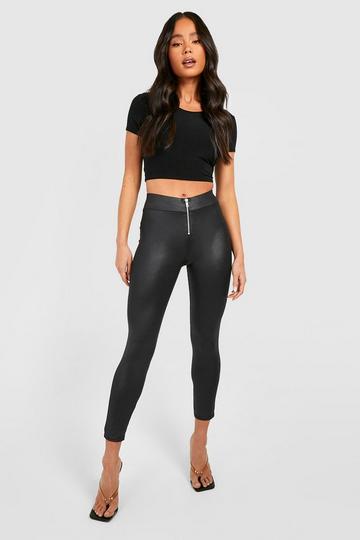 Petite Zip Up Wet Look Leggings black