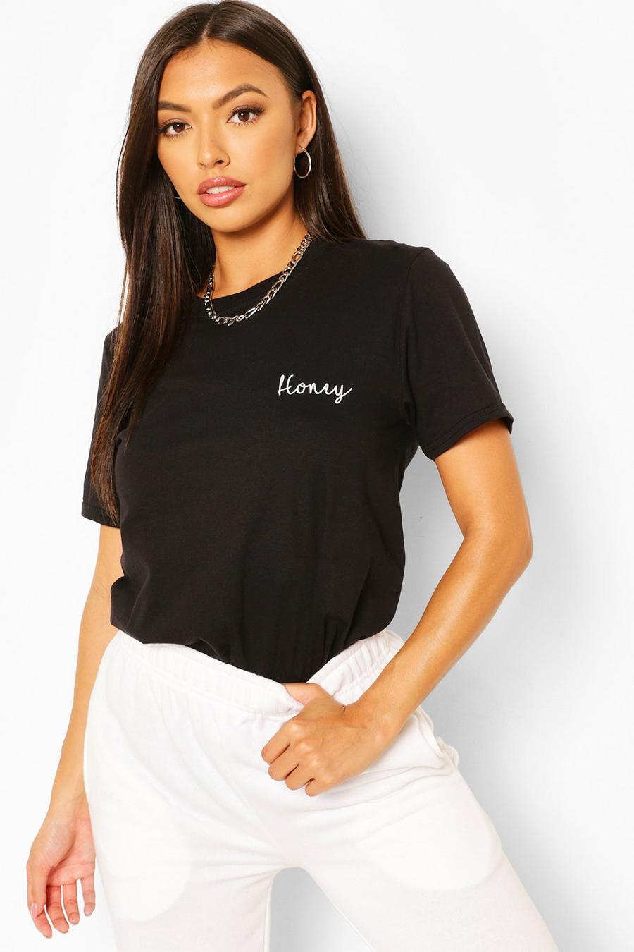T-shirt Petite con scritta “Honey”, Nero black