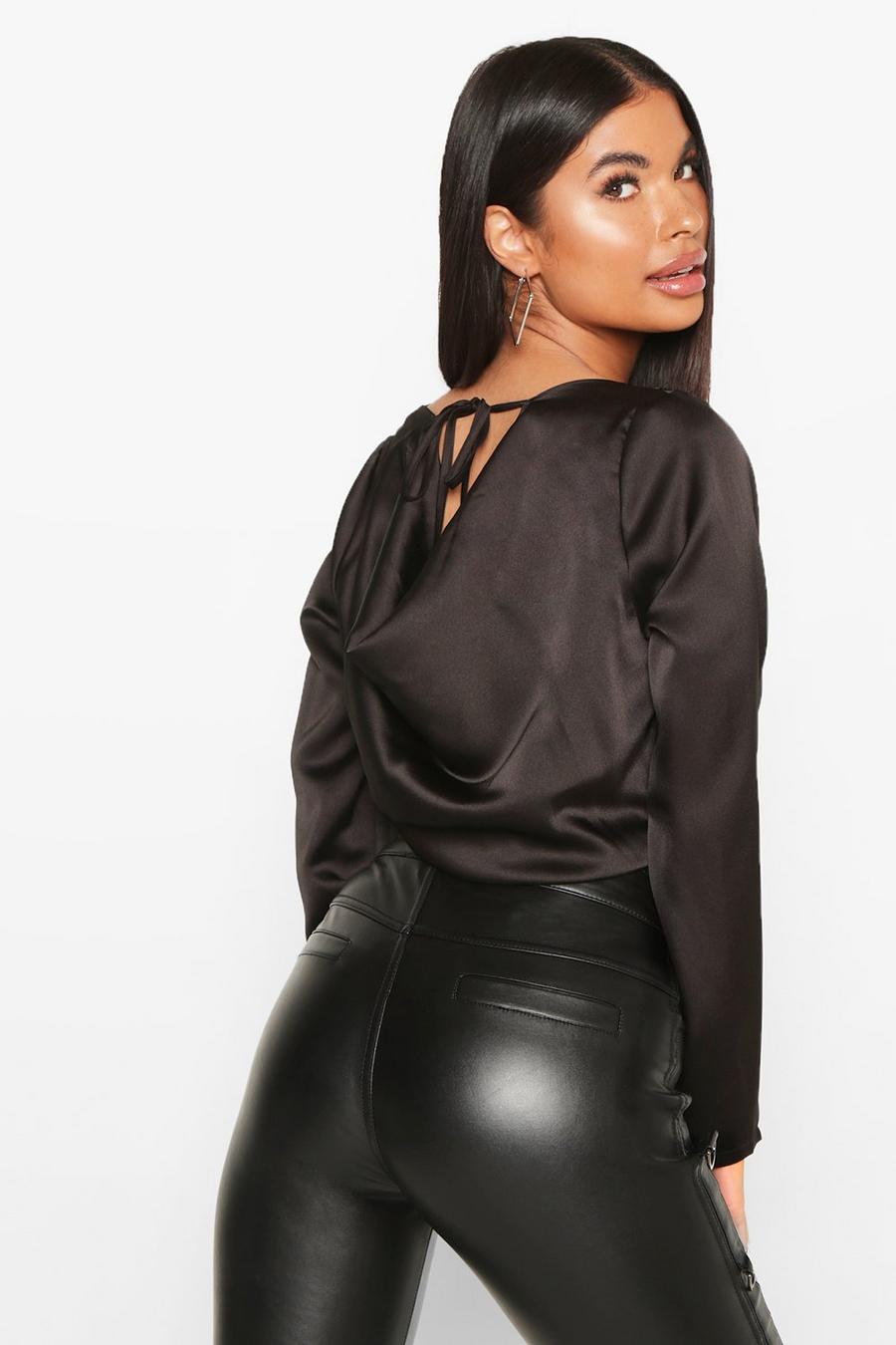 Petite Cowl Back Satin Long Sleeve Bodysuit image number 1