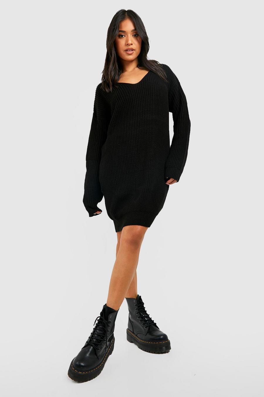 Black Petite V-Neck Sweater Mini Dress