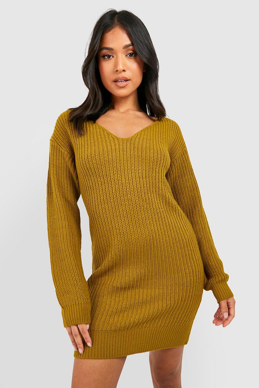 Petite Pullover-Minikleid mit V-Ausschnitt, Olivgrün image number 1