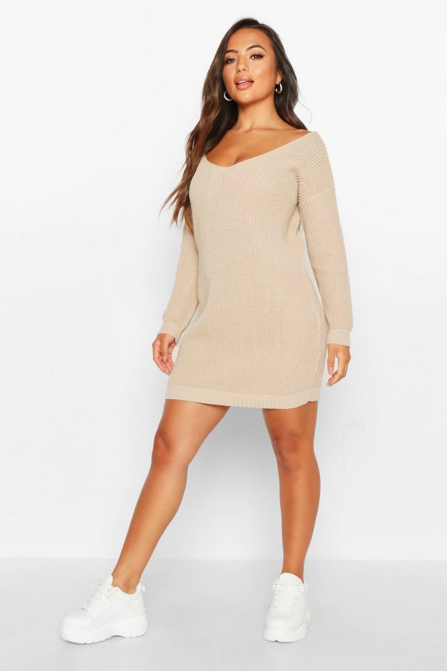 Stone Petite V-Neck Sweater Mini Dress