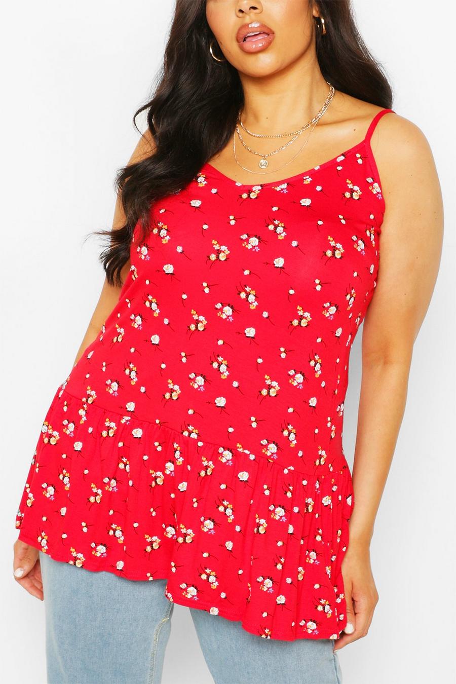 Red Plus Floral Ruffle Strappy Tunic Top image number 1