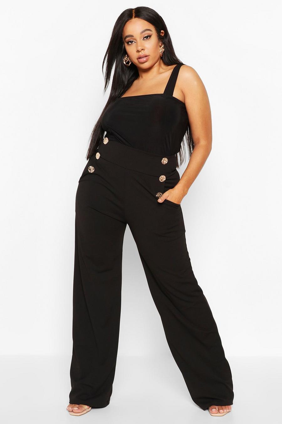 Black Plus High Waisted Gold Button Tailored Pants image number 1