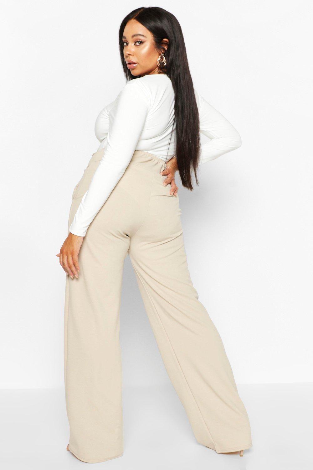 boohoo Plus Button High Waisted Wide Leg Pants - Beige - Size 22