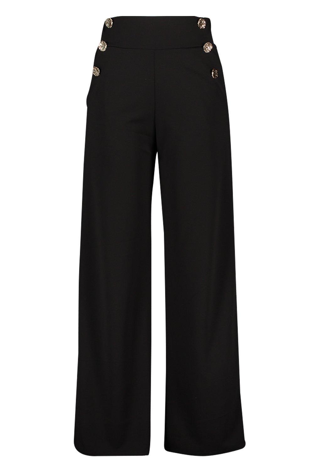  Pantalones para mujer de cintura alta con detalle de botones  (color negro, talla: S) : Ropa, Zapatos y Joyería
