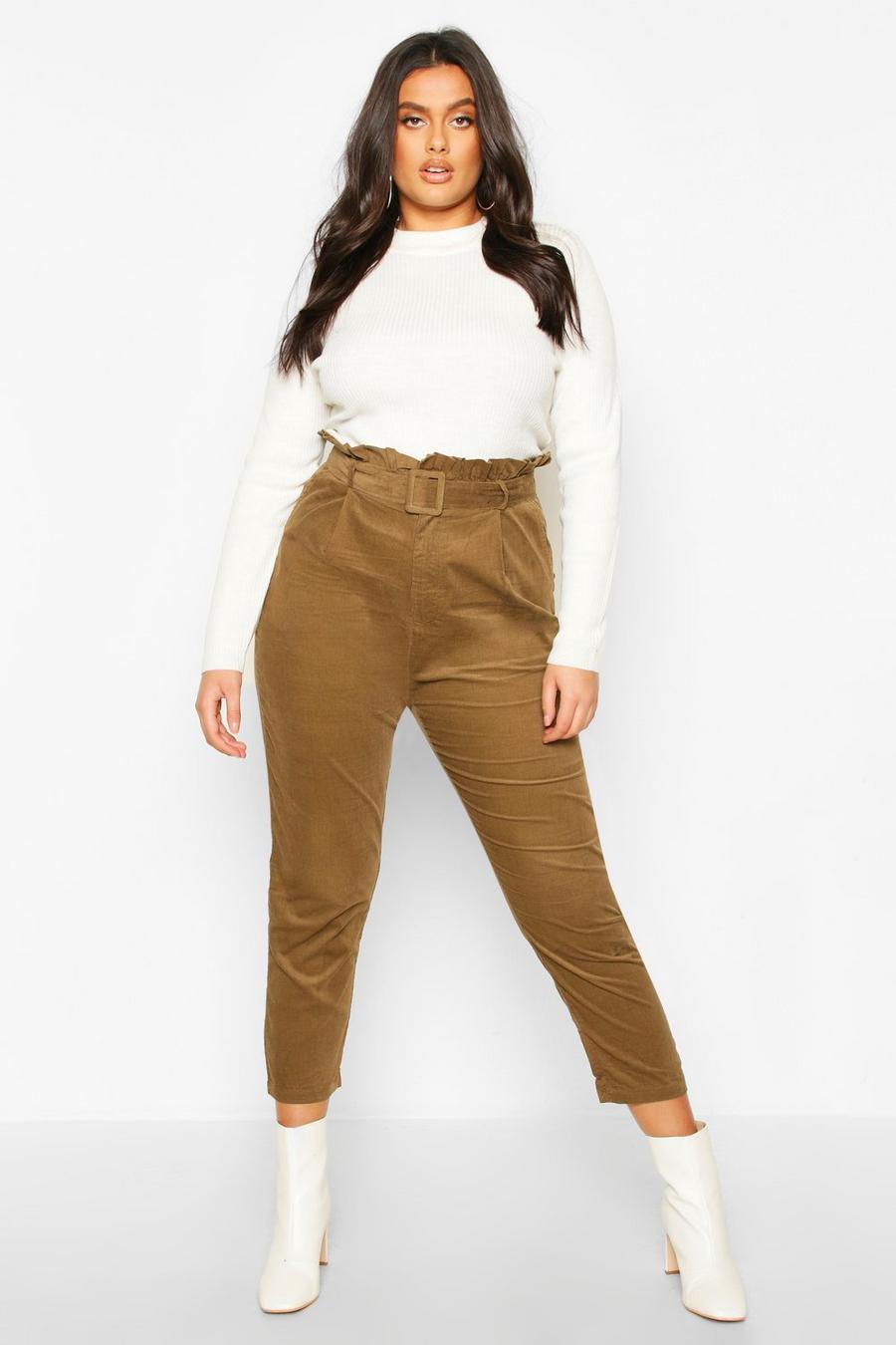 Plus Paper Bag Belted Cord Tapered Pants image number 1