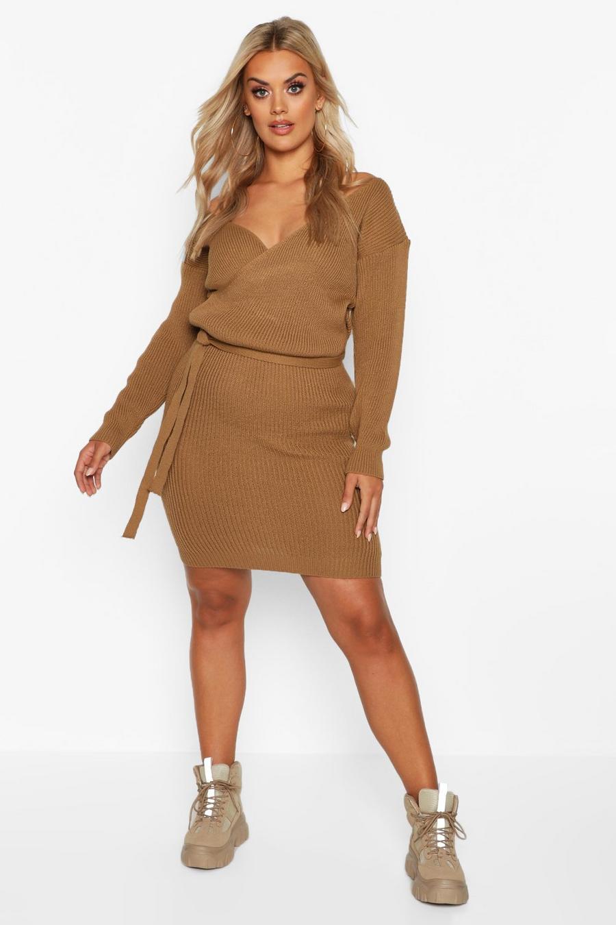 Toffee beige Plus Wrap Belted Knitted Midi Jumper Dress image number 1