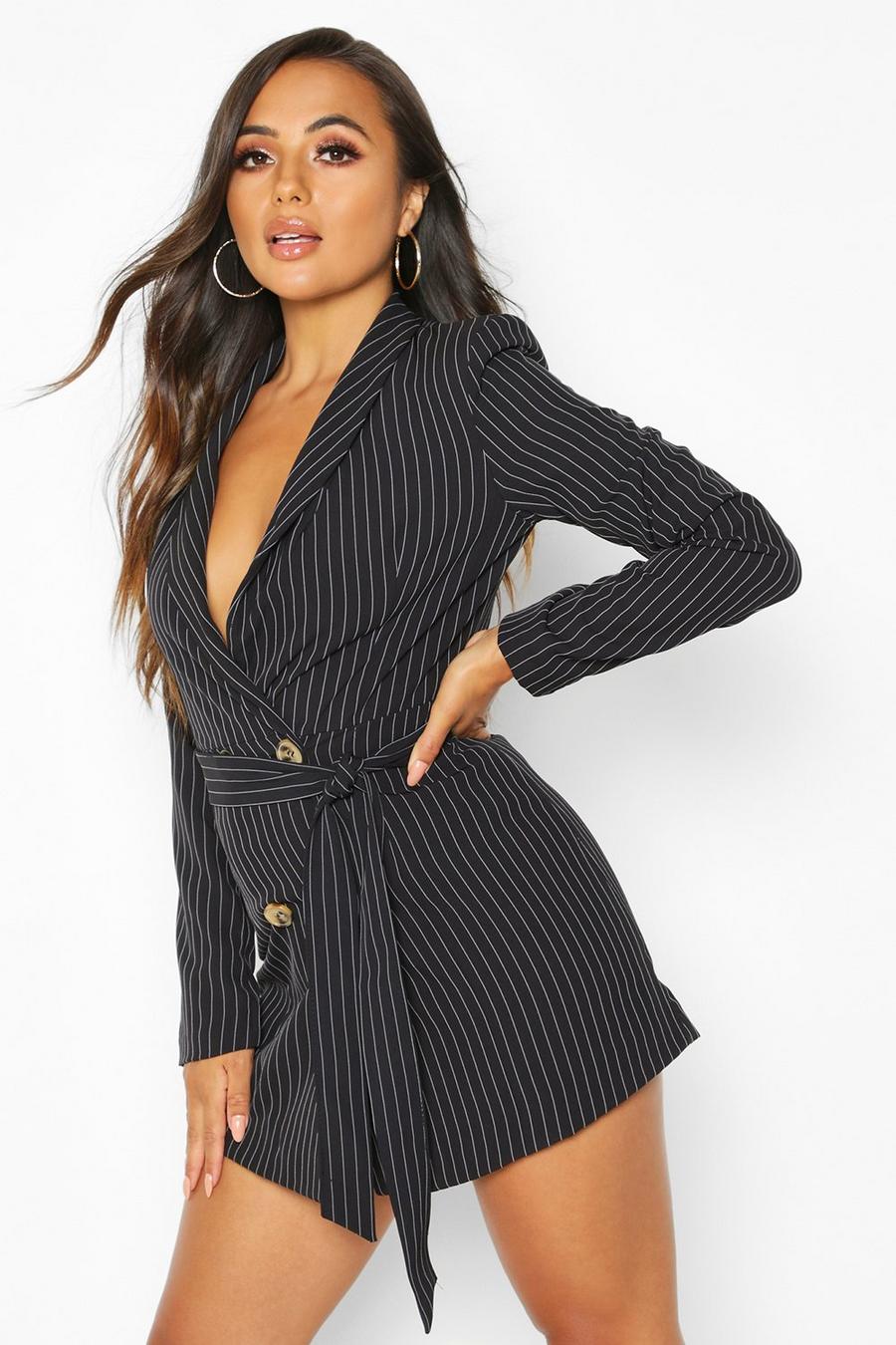 Petite Striped Double Breasted Belted Blazer Dress image number 1