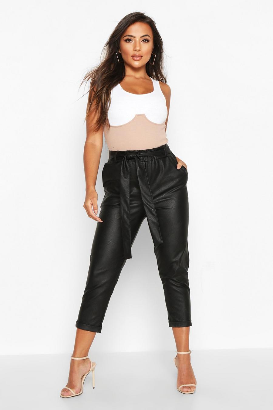 Black Petite Pu Faux Leather Belted Tapered Pants image number 1
