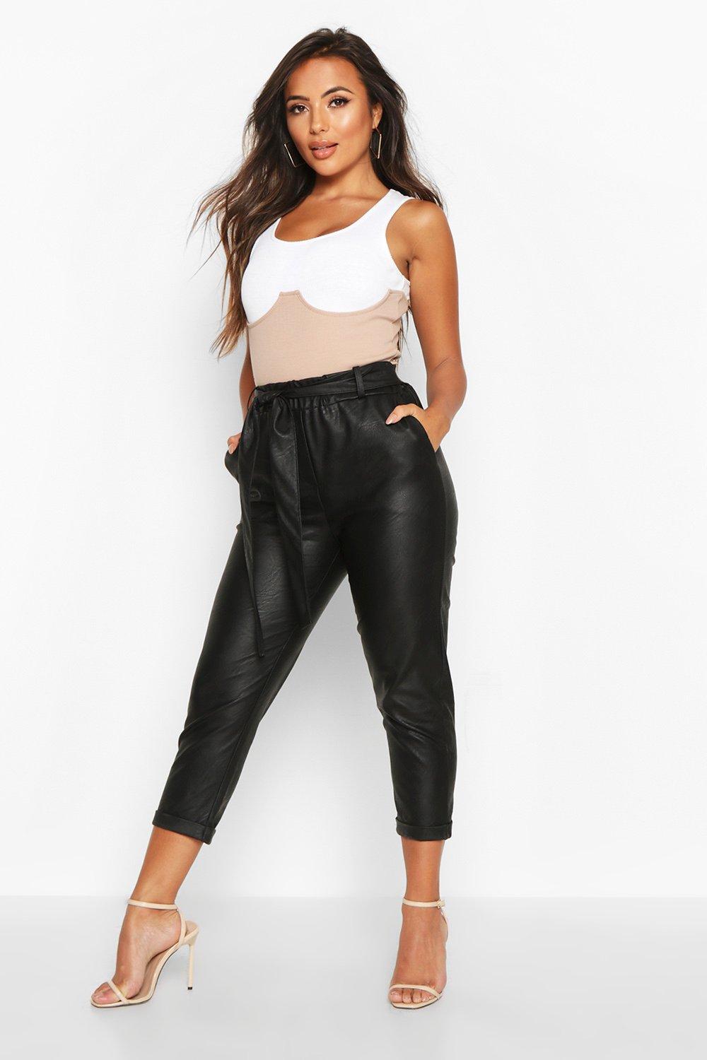 Petite Pu Faux Leather Belted Tapered Pants
