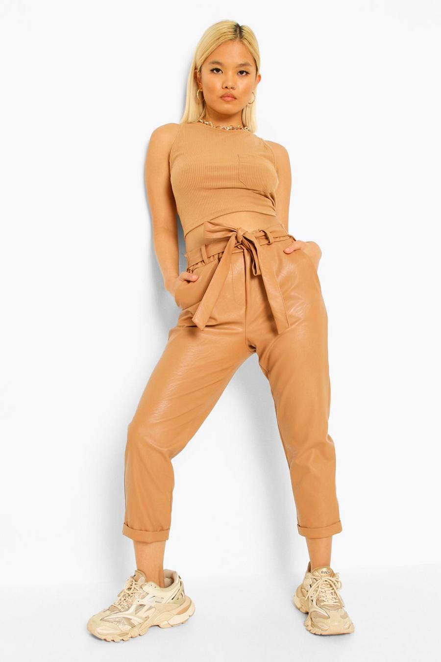 Camel Petite PU Faux Leather Belted Tapered Trousers image number 1