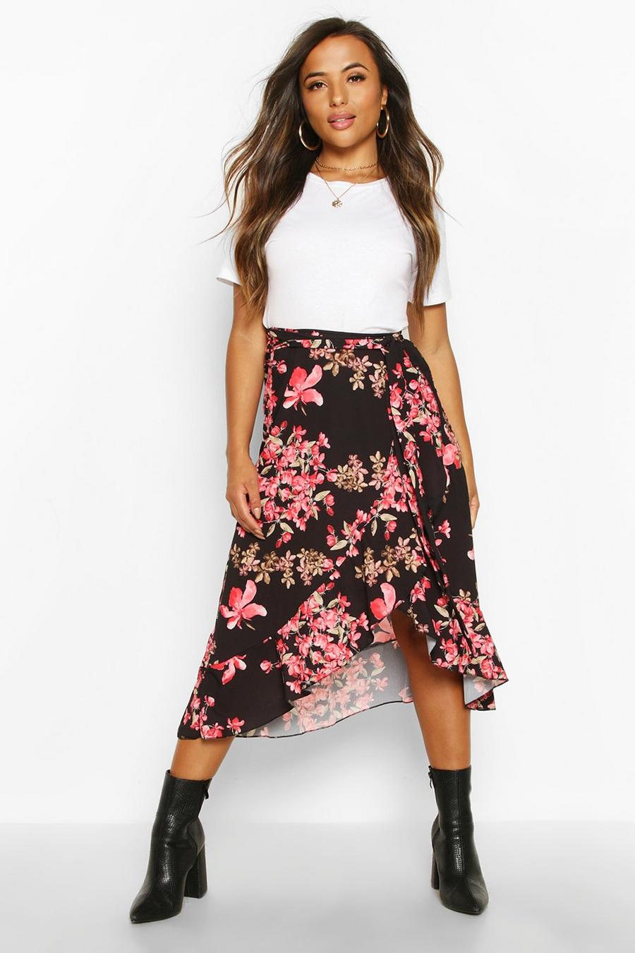 Black Petite Floral Wrap Midi Skirt image number 1