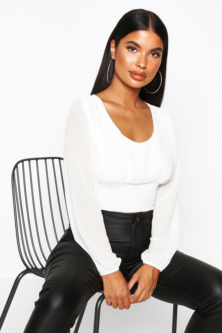 Petite Woven Balloon Sleeve Pleat Front Crop Top image number 1