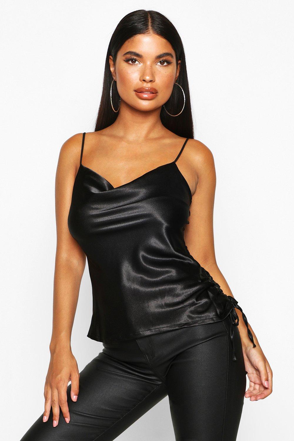 black satin cowl neck top