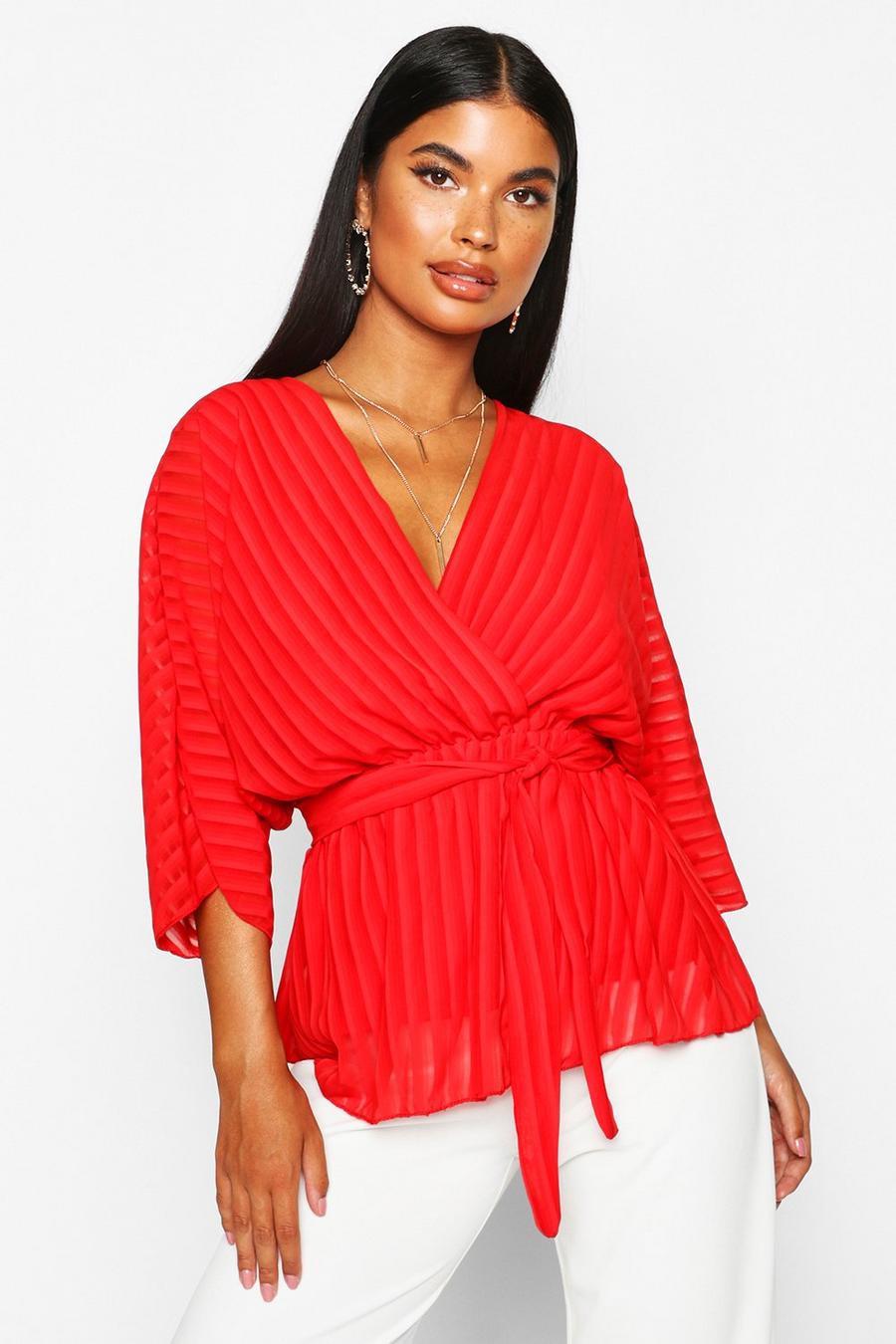 Red Petite Woven Sheer Stripe Wrap Batwing Blouse image number 1