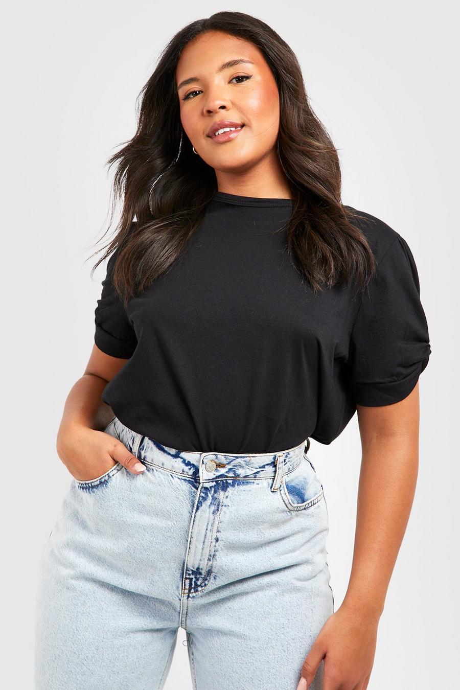 Black negro Plus Ruched Knot Puff Sleeve T-Shirt