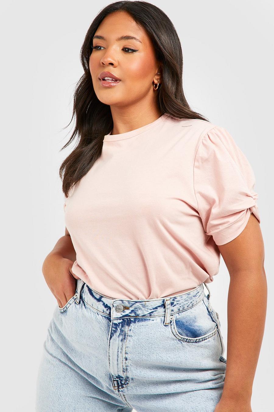 T-shirt Plus Size con ruches, nodo e maniche a sbuffo, Cipria rosa