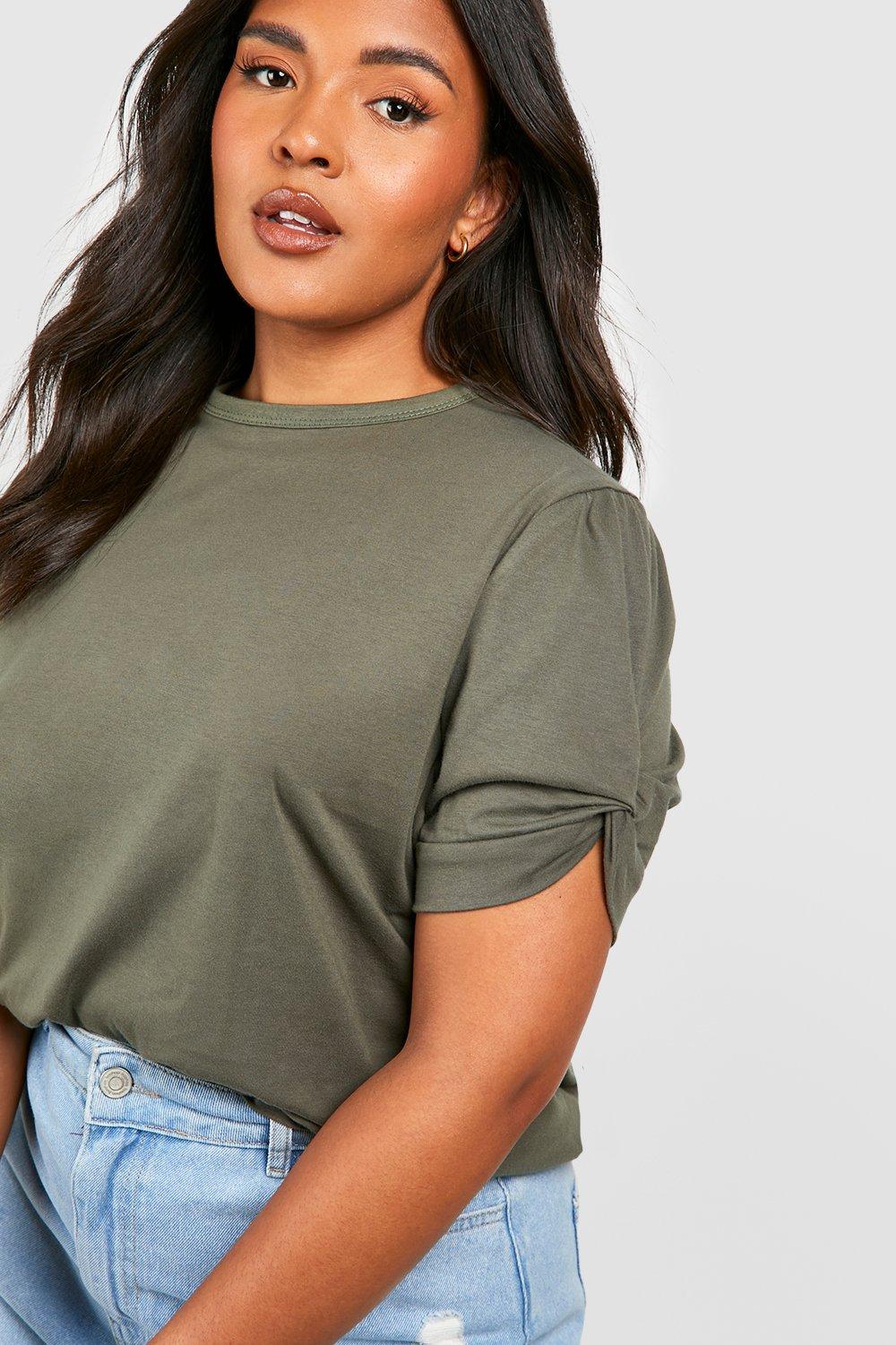 Plus Ruched Knot Puff Sleeve T-Shirt | boohoo