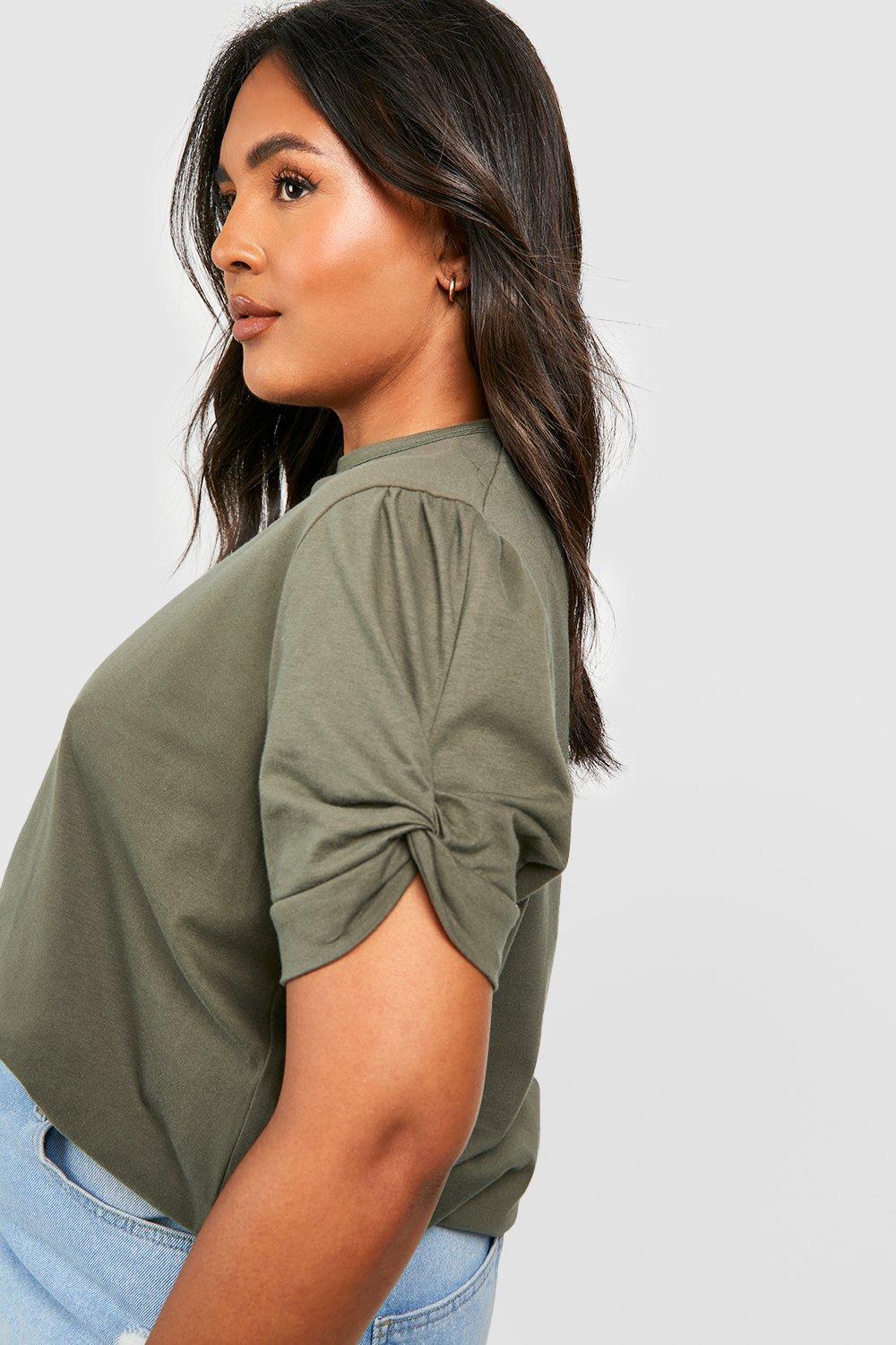 Plus Ruched Knot Puff Sleeve T-Shirt | boohoo