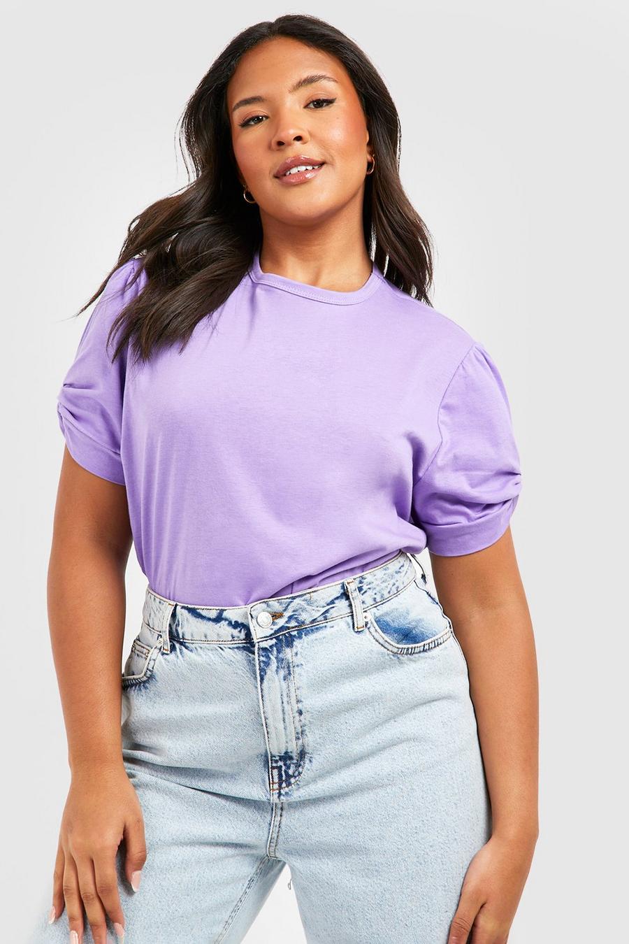 Lilac Plus Ruched Knot Puff Sleeve T-Shirt image number 1