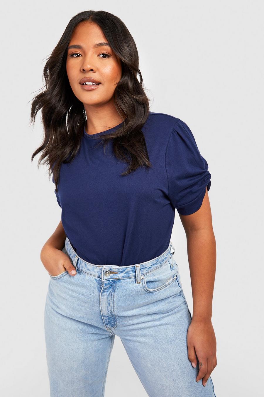 Navy Plus Ruched Knot Puff Sleeve T-Shirt image number 1