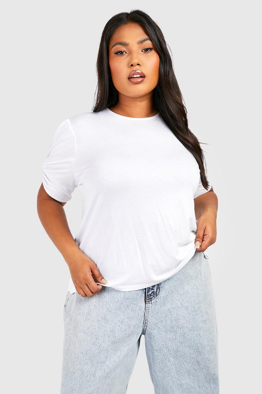 White Plus Ruched Knot Puff Sleeve T-Shirt image number 1