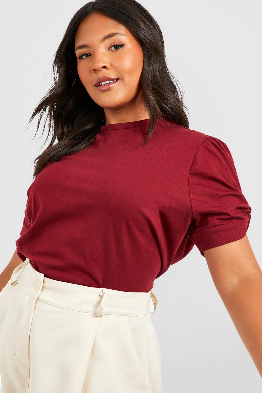 Wine Plus Ruched Knot Puff Sleeve T-Shirt image number 1
