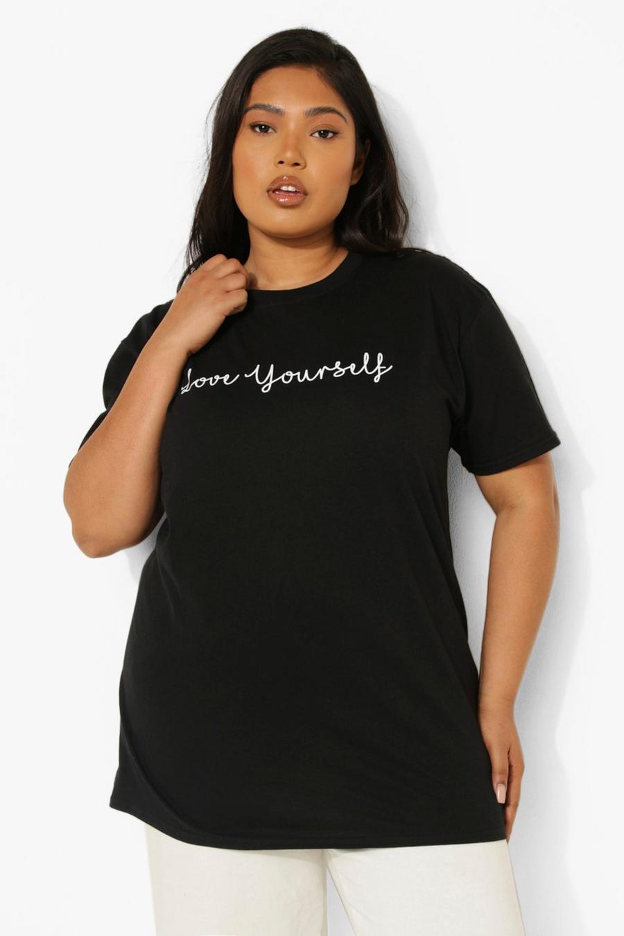 Plus T-Shirt mit Love Yourself Slogan, Schwarz black