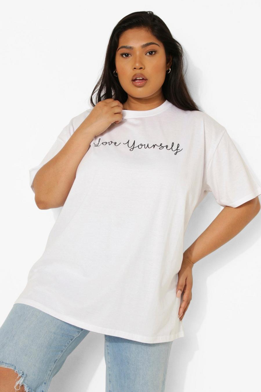 Plus T-Shirt mit Love Yourself Slogan, Weiß image number 1