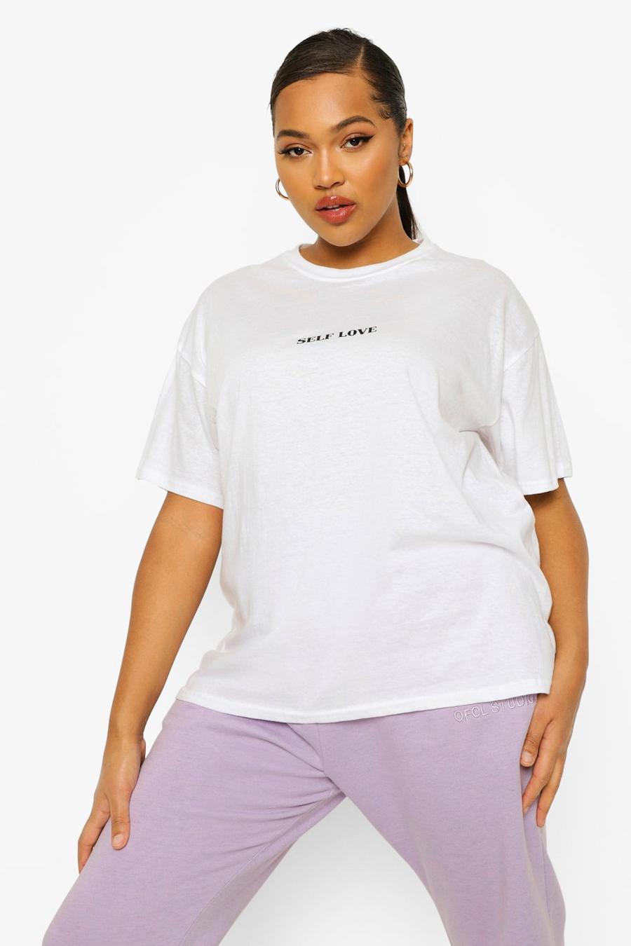 Camiseta con eslogan “Self Love” Plus, Blanco image number 1