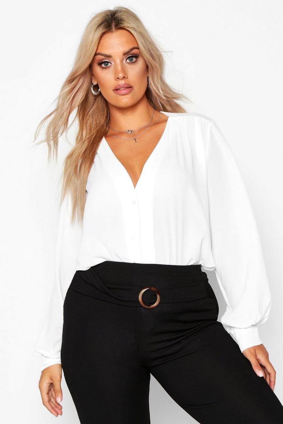 White Plus Woven Button Through Collarless Shirt
