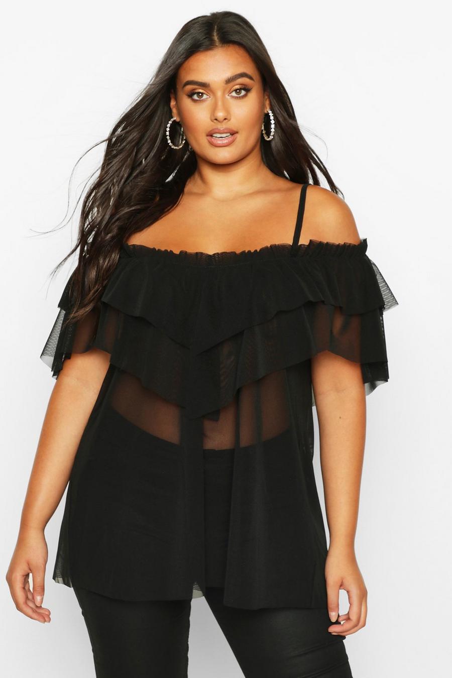 Plus Cold Shoulder Ruffle Mesh Top image number 1