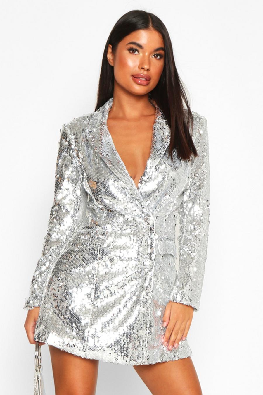 Silver Petite Sequin Blazer Dress image number 1