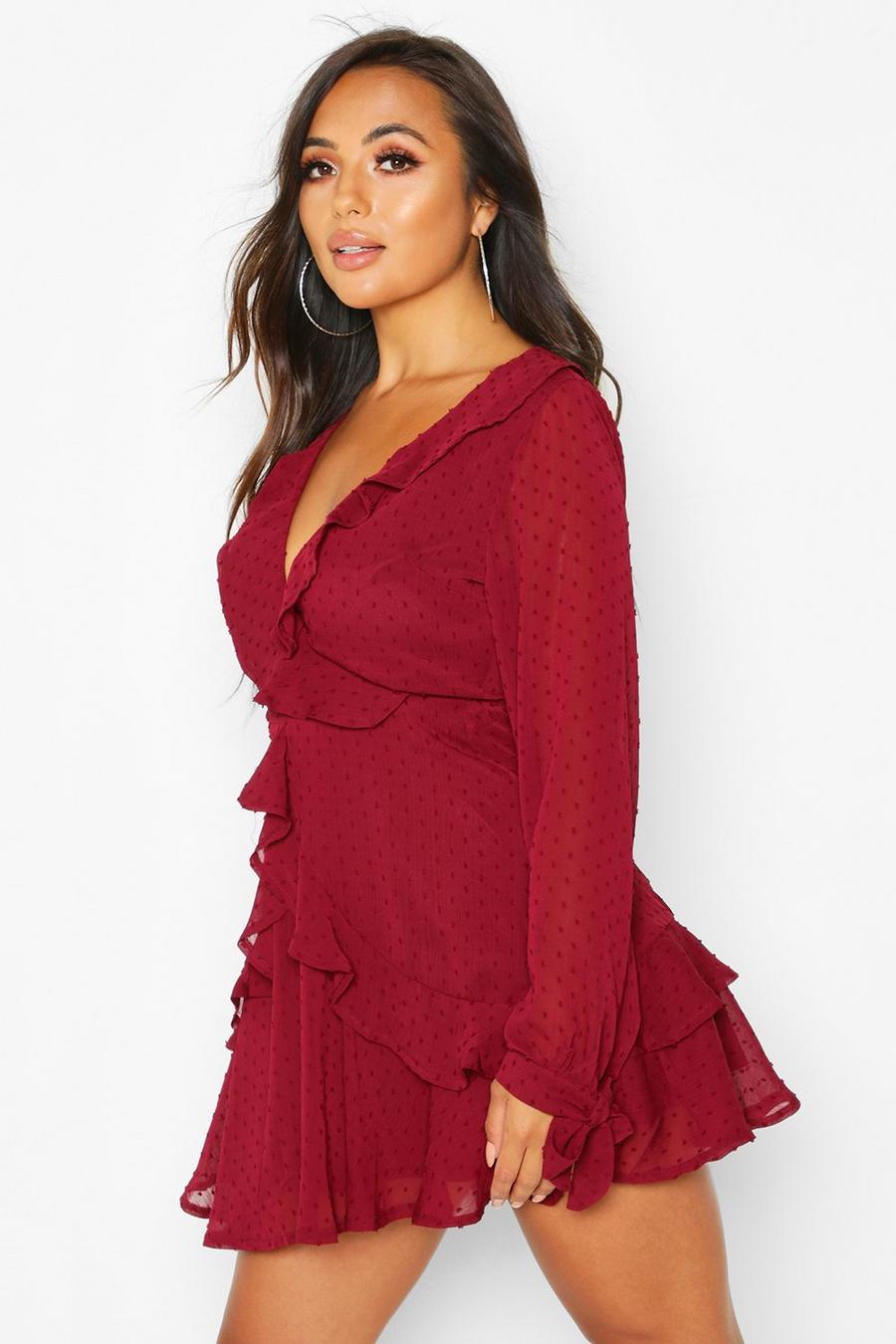 Berry Petite Long Sleeve Dobby Mesh Ruffle Dress image number 1