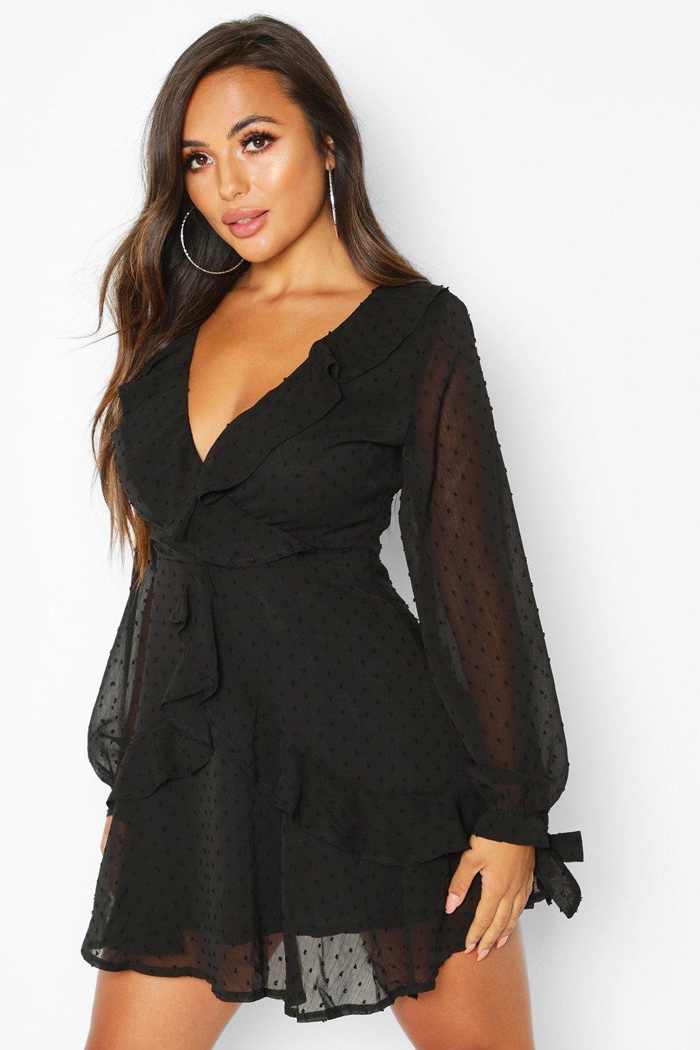 Black dobby mesh ruffle skater dress best sale