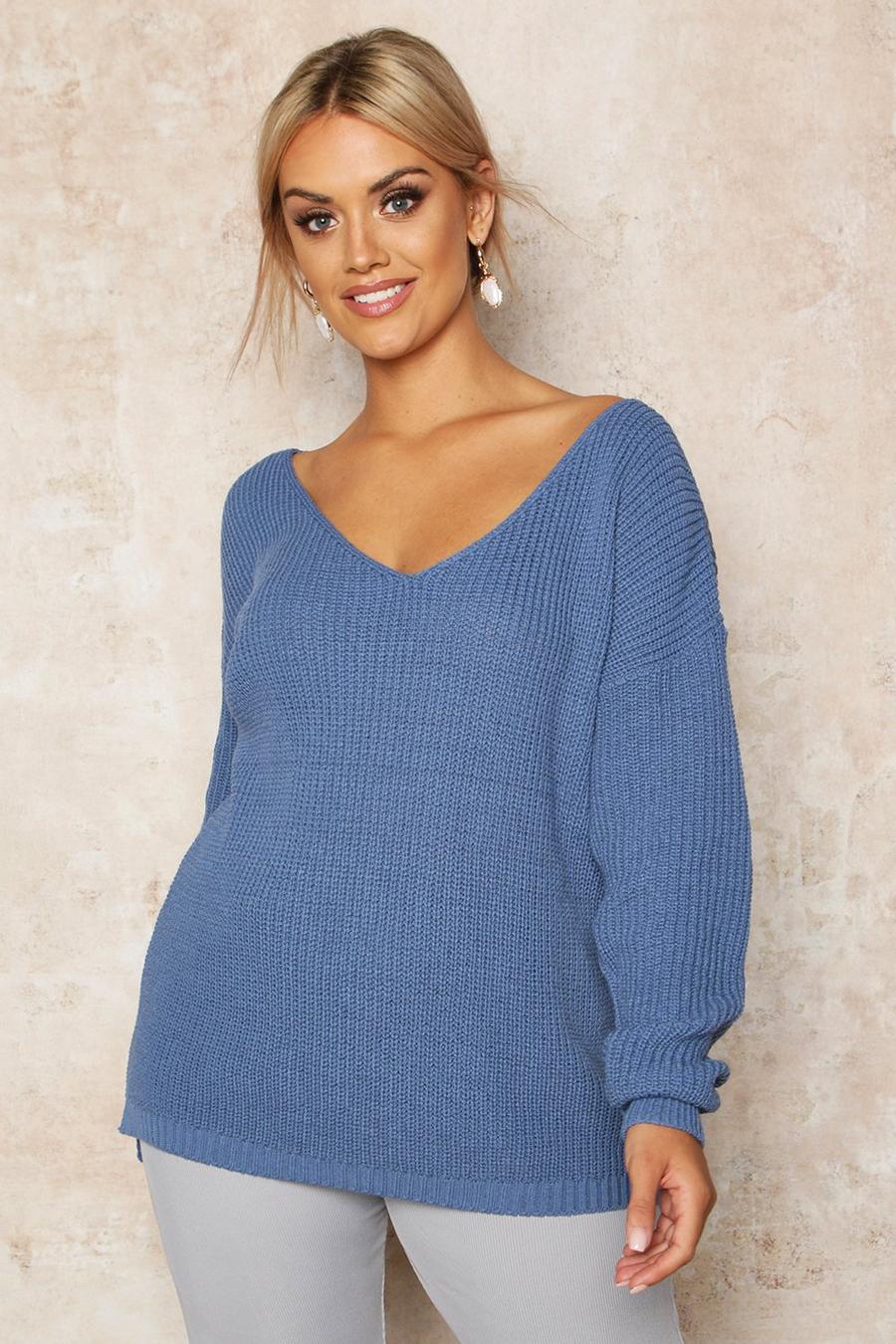 Slate blue Plus Oversized V-Neck Sweater image number 1