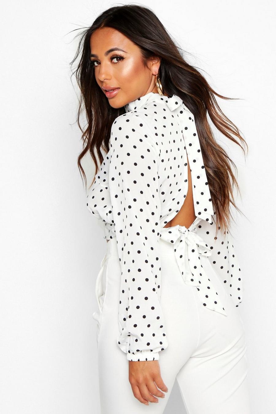 White Petite High Neck Tie Back Spot Blouse image number 1