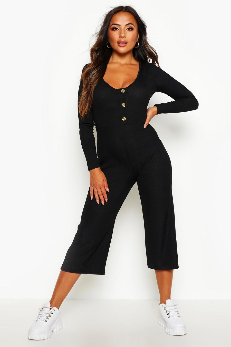 Black Petite - Ribbad jumpsuit i culottemodell med knappar i hornimitation image number 1