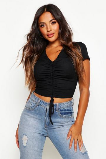 Petite Ribbed Ruched Detail Top black