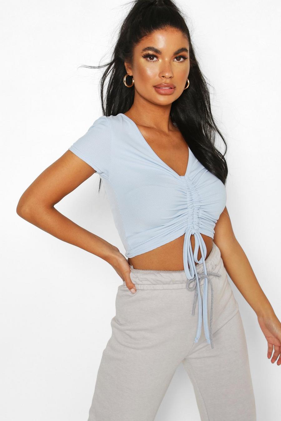 Blue Petite Ribbed Ruched Detail Top image number 1