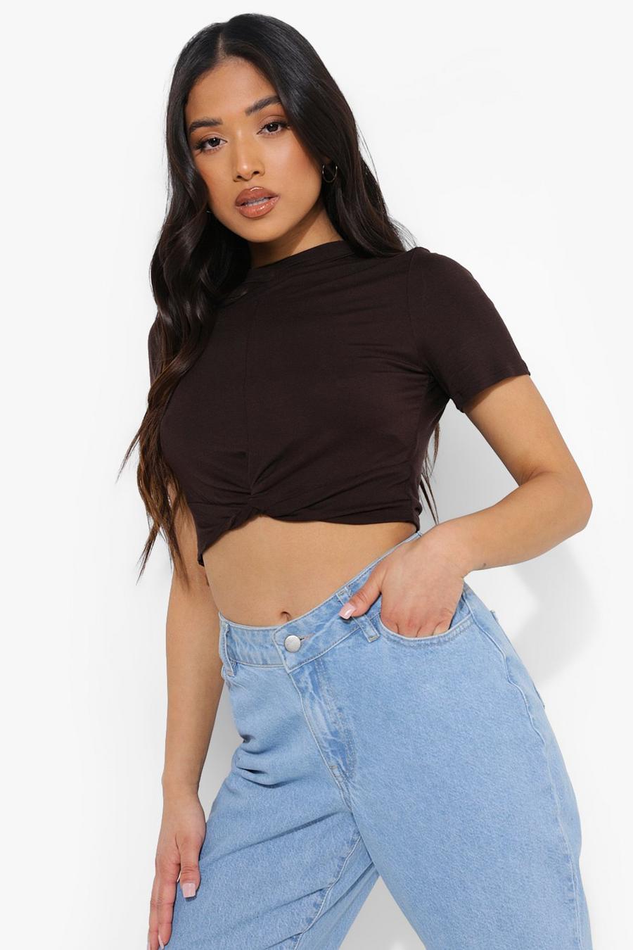 Chocolate Petite Knot Front Cropped T-Shirt image number 1