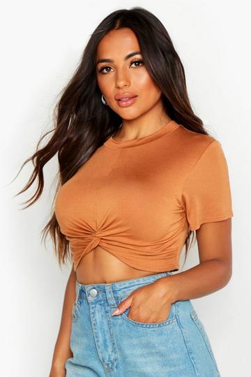 Petite Knot Front Cropped T-Shirt tan