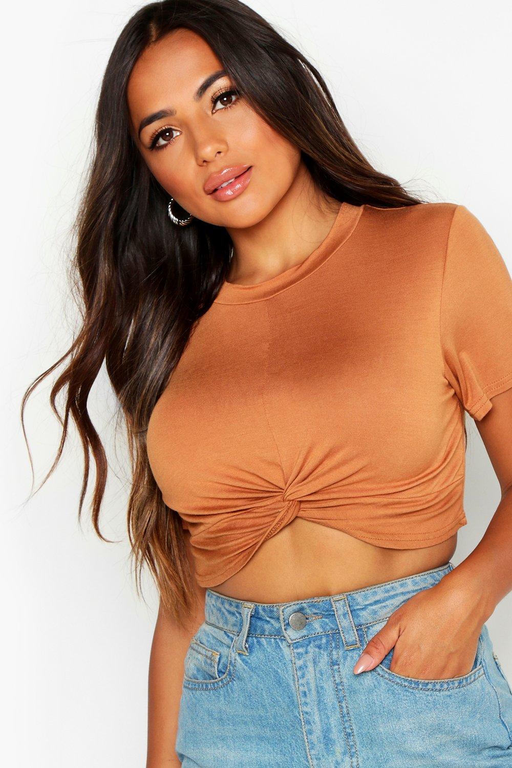 Petite Knot Front Cropped T-Shirt