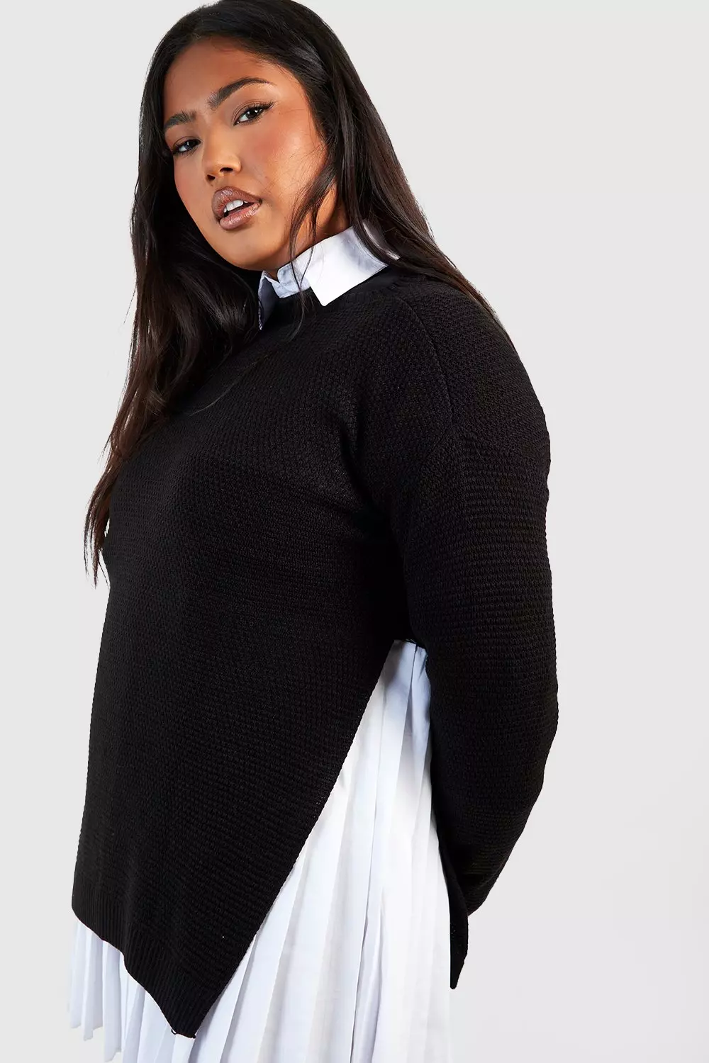 Black Plus Side Split Moss Stitch Tunic Jumper alternative image